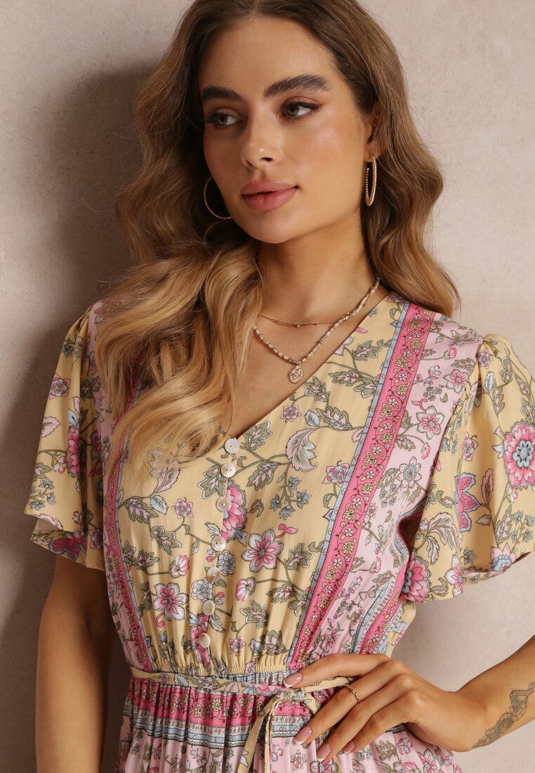 moni&co Rochie Midi Florală Galbenă cu elastic în talie și volan la mâneci Hachitane