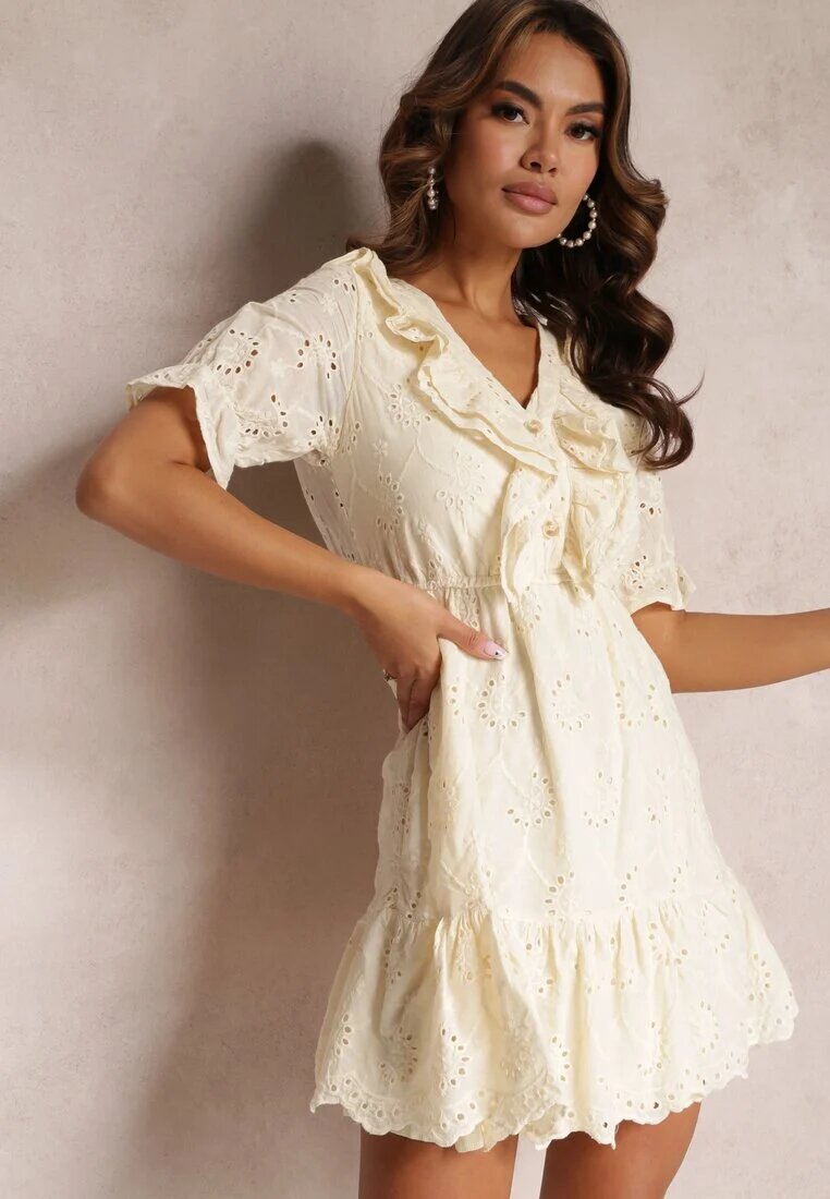 moni&co Rochie Mini Bej Perforată cu Elastic în Talie și Volane Rakki