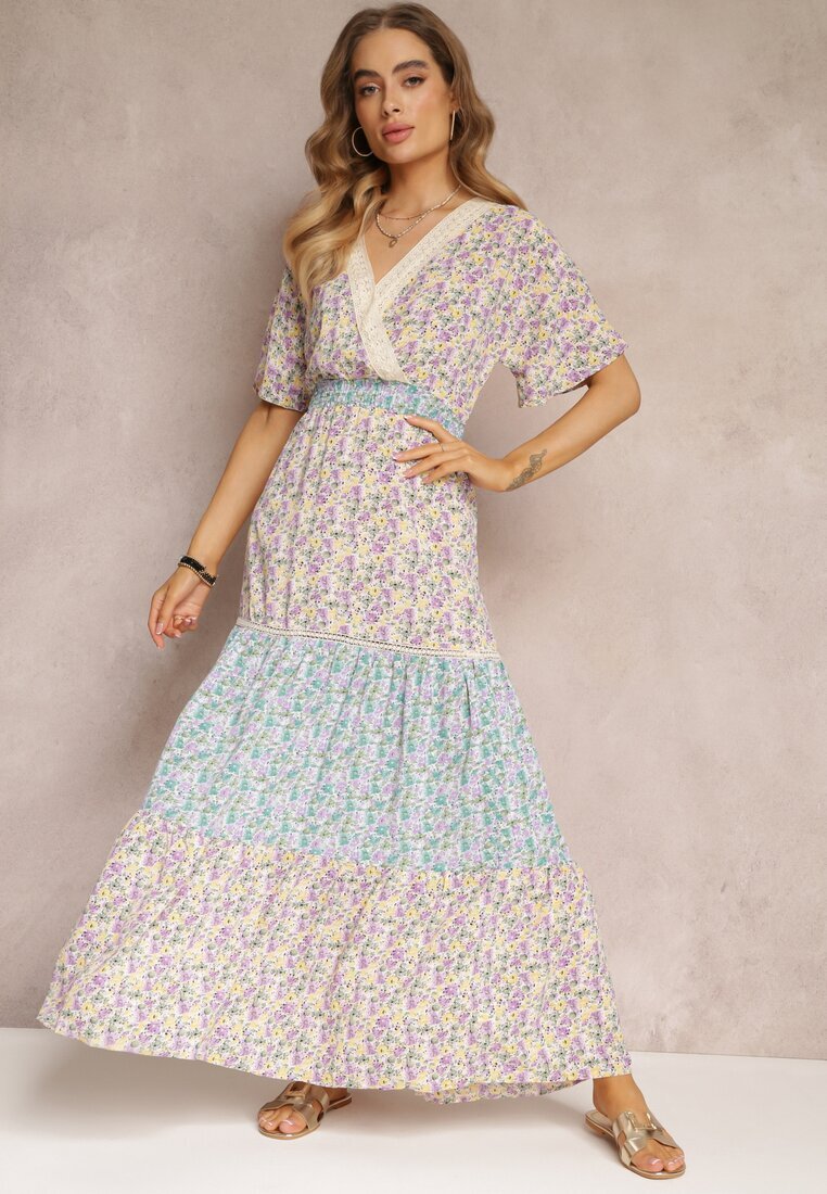 moni&co Rochie Petrecută Maxi Mov-Albastră cu Elastic Încrețit în Talie și Bandă Dantelată Marea
