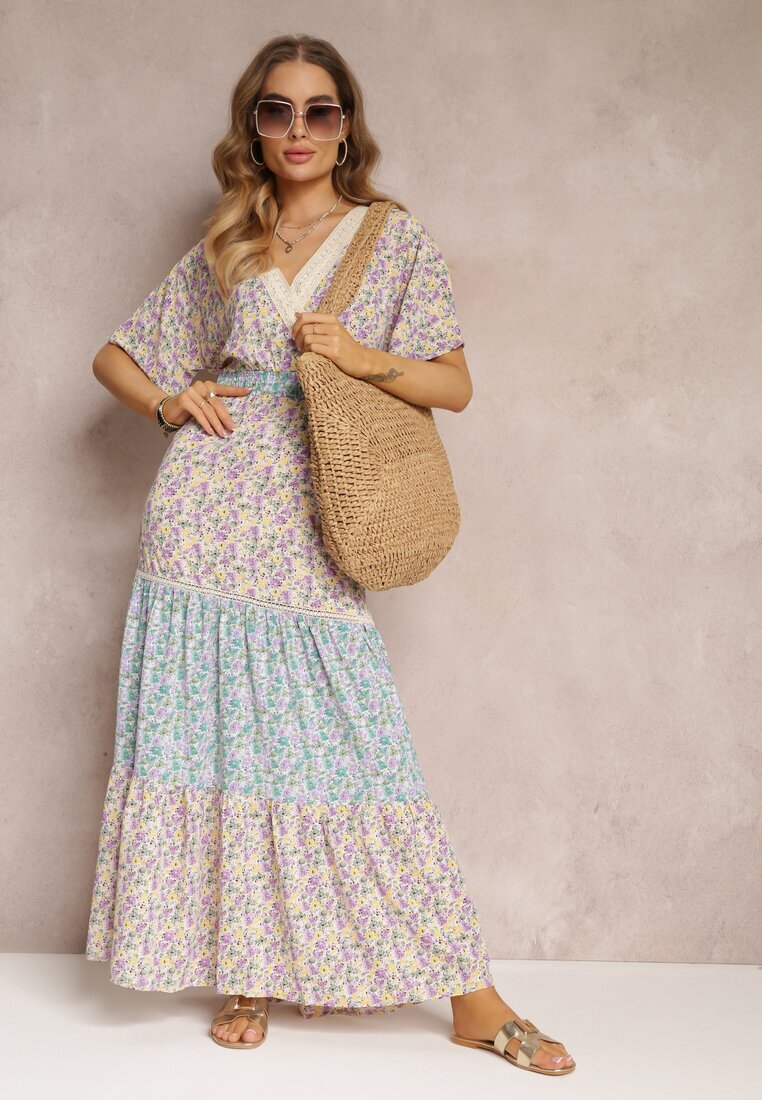 moni&co Rochie Petrecută Maxi Mov-Albastră cu Elastic Încrețit în Talie și Bandă Dantelată Marea