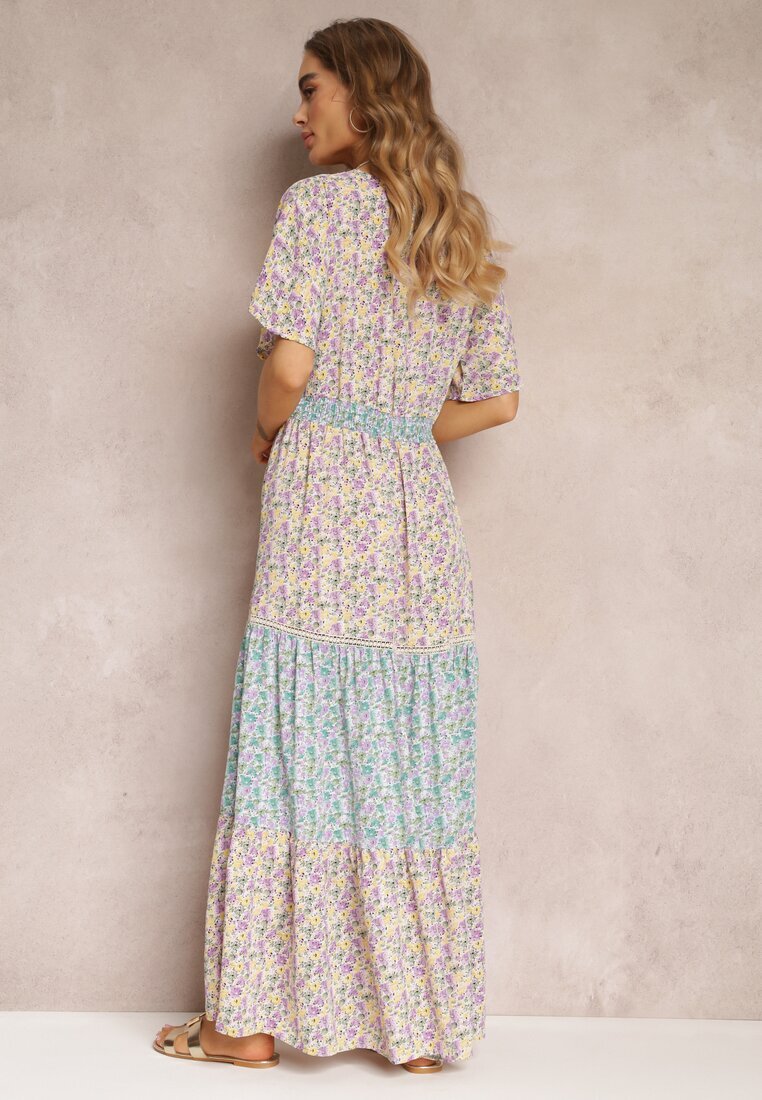 moni&co Rochie Petrecută Maxi Mov-Albastră cu Elastic Încrețit în Talie și Bandă Dantelată Marea