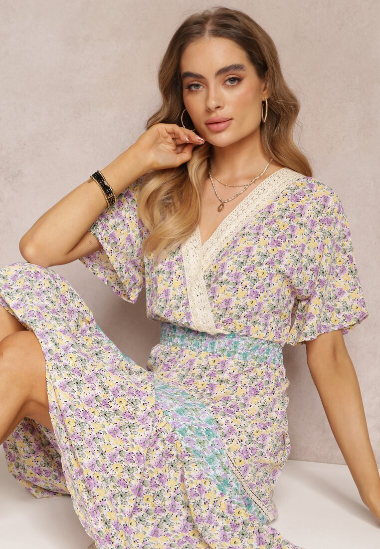 moni&co Rochie Petrecută Maxi Mov-Albastră cu Elastic Încrețit în Talie și Bandă Dantelată Marea