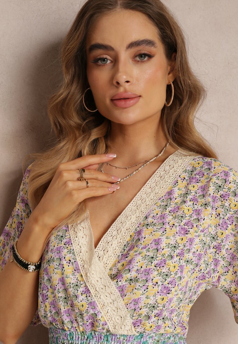 moni&co Rochie Petrecută Maxi Mov-Albastră cu Elastic Încrețit în Talie și Bandă Dantelată Marea