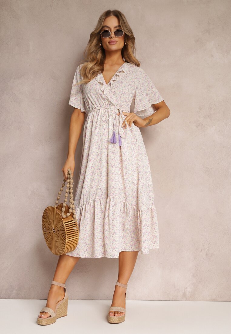 moni&co Rochie Roz-Violetă Midi cu Volane Decolteu Petrecut și Elastic în Talie Denila