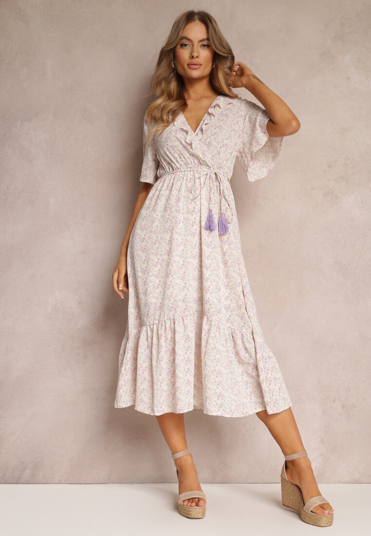 moni&co Rochie Roz-Violetă Midi cu Volane Decolteu Petrecut și Elastic în Talie Denila