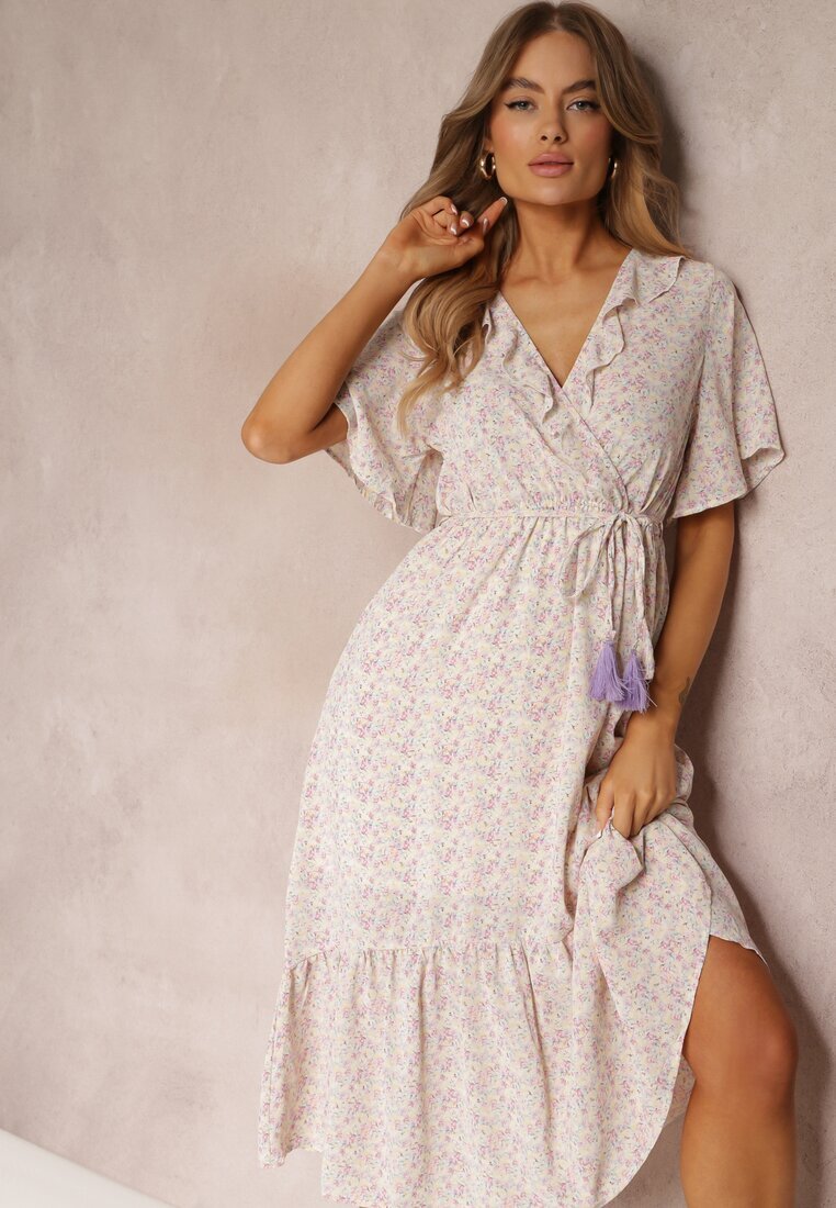 moni&co Rochie Roz-Violetă Midi cu Volane Decolteu Petrecut și Elastic în Talie Denila