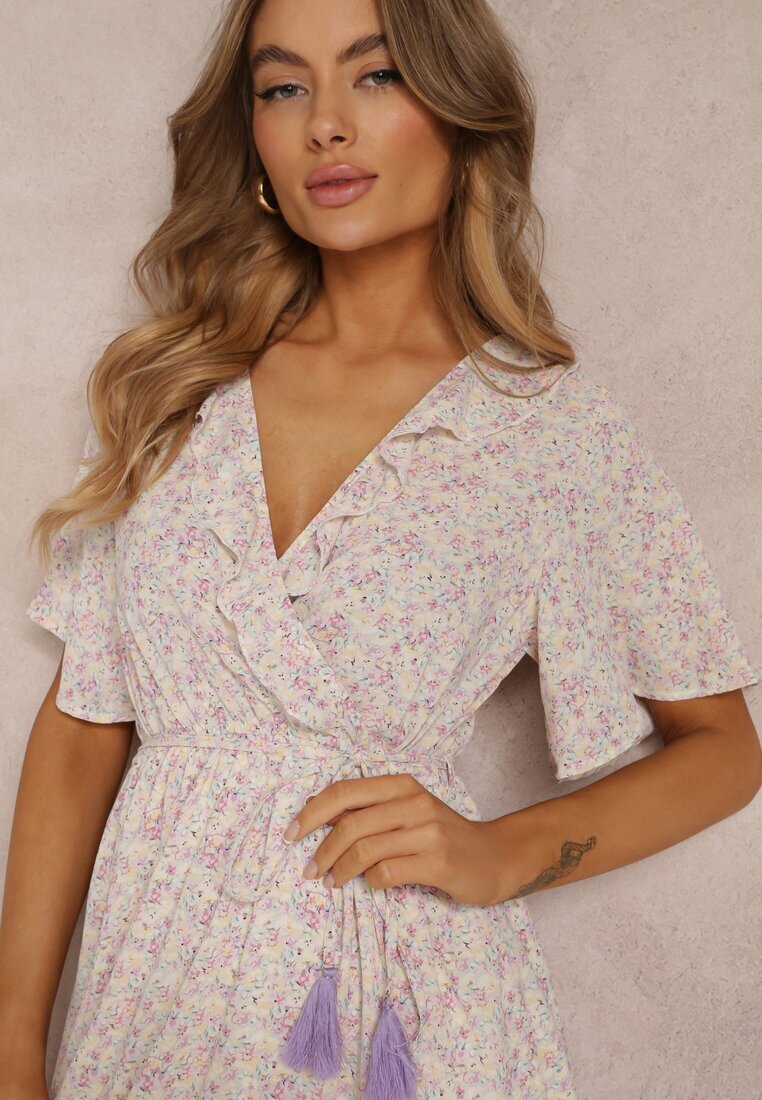 moni&co Rochie Roz-Violetă Midi cu Volane Decolteu Petrecut și Elastic în Talie Denila