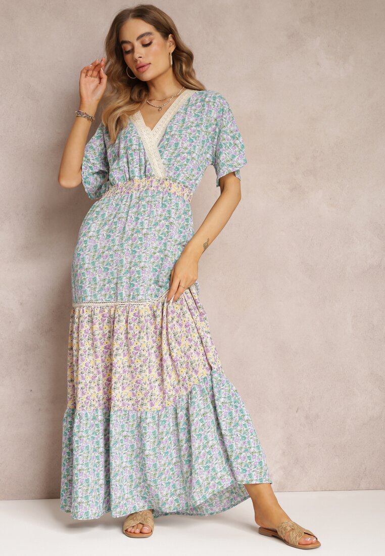 moni&co Rochie tip plic Maxi Albastru-Mentă cu bandă elastică încrețită în talie și bandă din dantelă Marea