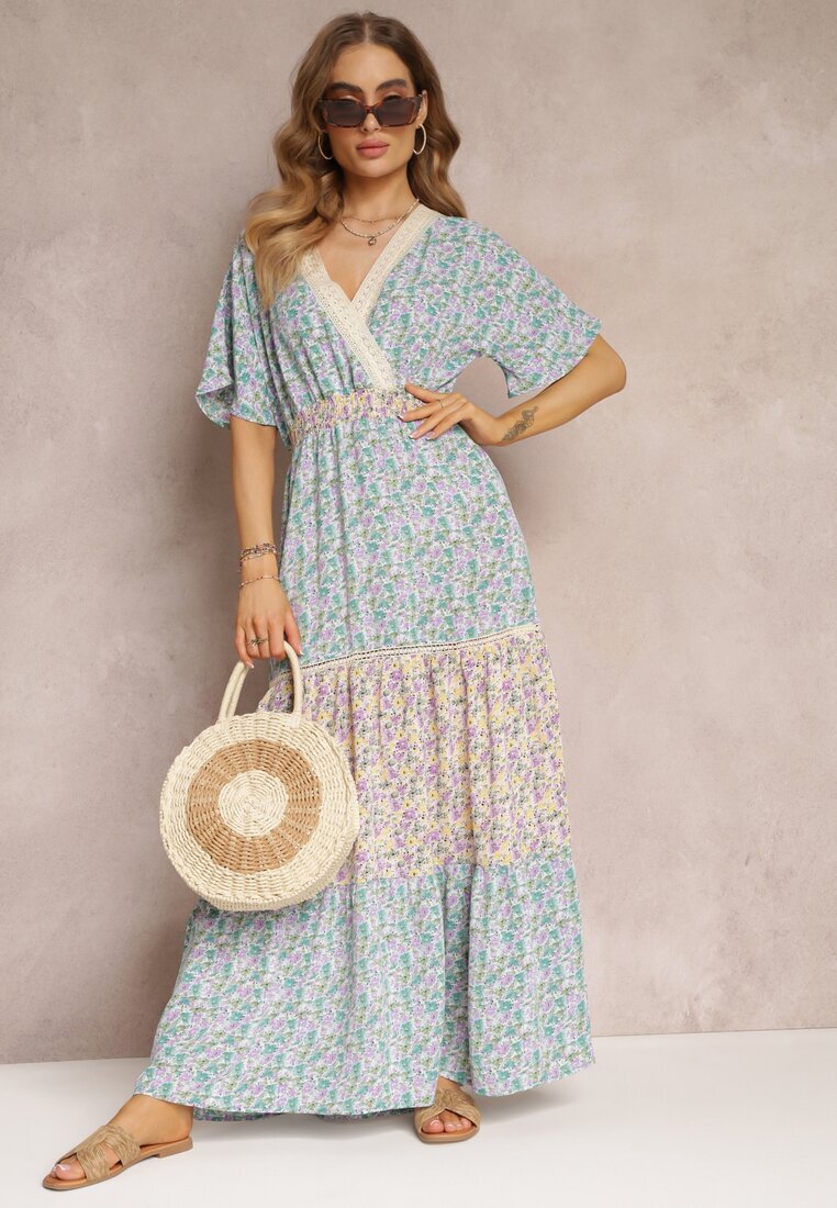 moni&co Rochie tip plic Maxi Albastru-Mentă cu bandă elastică încrețită în talie și bandă din dantelă Marea