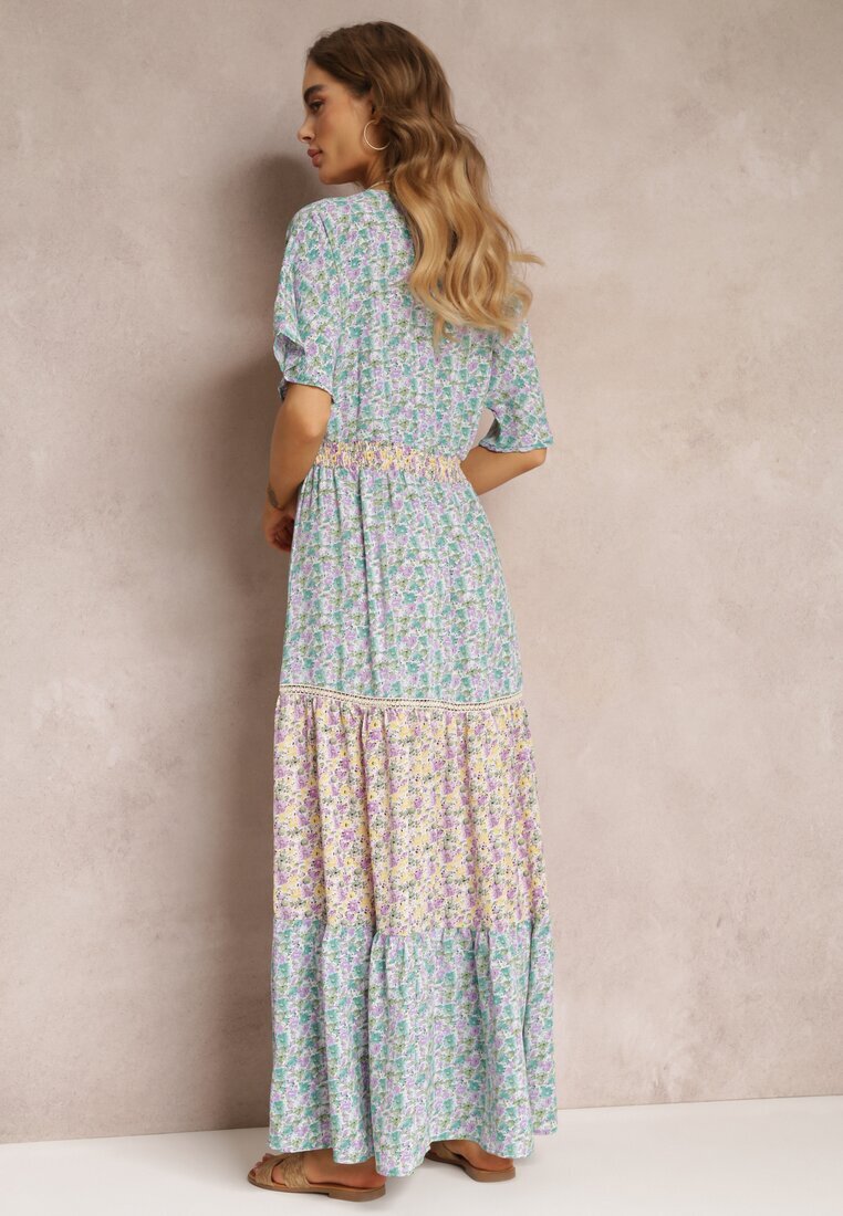 moni&co Rochie tip plic Maxi Albastru-Mentă cu bandă elastică încrețită în talie și bandă din dantelă Marea
