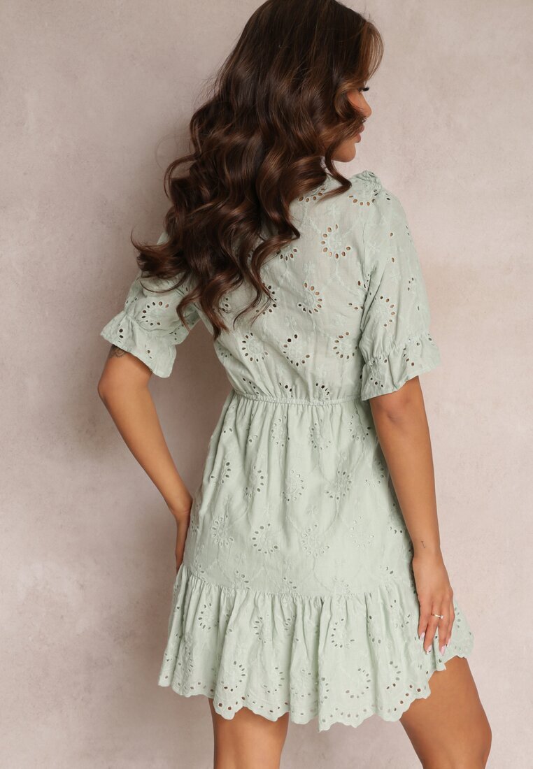 moni&co Rochie Verde Brodată Mini cu elastic în talie cu volane Rakki