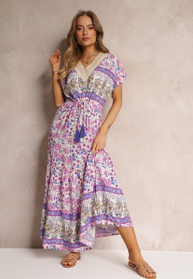 moni&co Rochie Violetă Maxi cu șnur în talie și inserție din dantelă la decolteu Mererid
