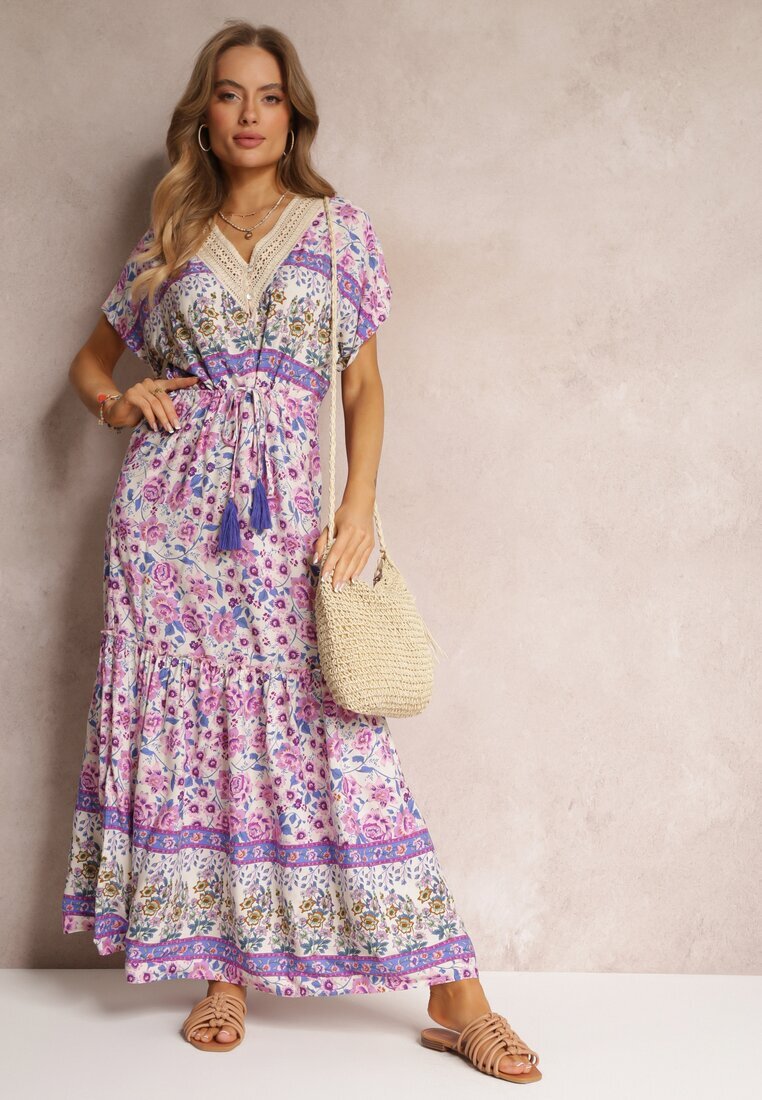 moni&co Rochie Violetă Maxi cu șnur în talie și inserție din dantelă la decolteu Mererid