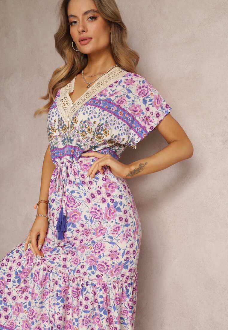 moni&co Rochie Violetă Maxi cu șnur în talie și inserție din dantelă la decolteu Mererid