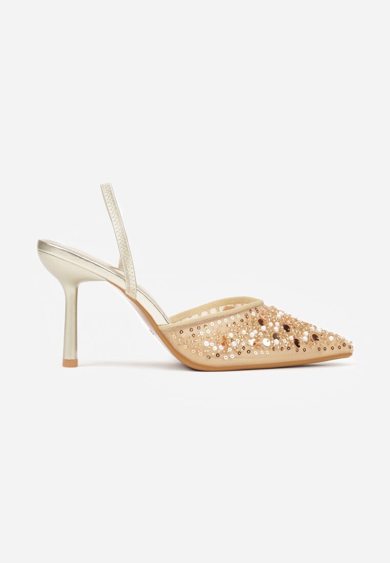 mulanka Pantofi cu toc aurii Slingback Decorați cu perle și paiete Irifera
