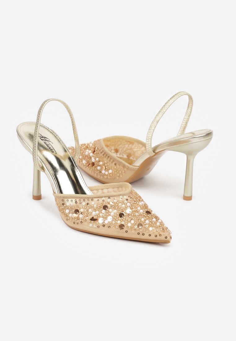 mulanka Pantofi cu toc aurii Slingback Decorați cu perle și paiete Irifera