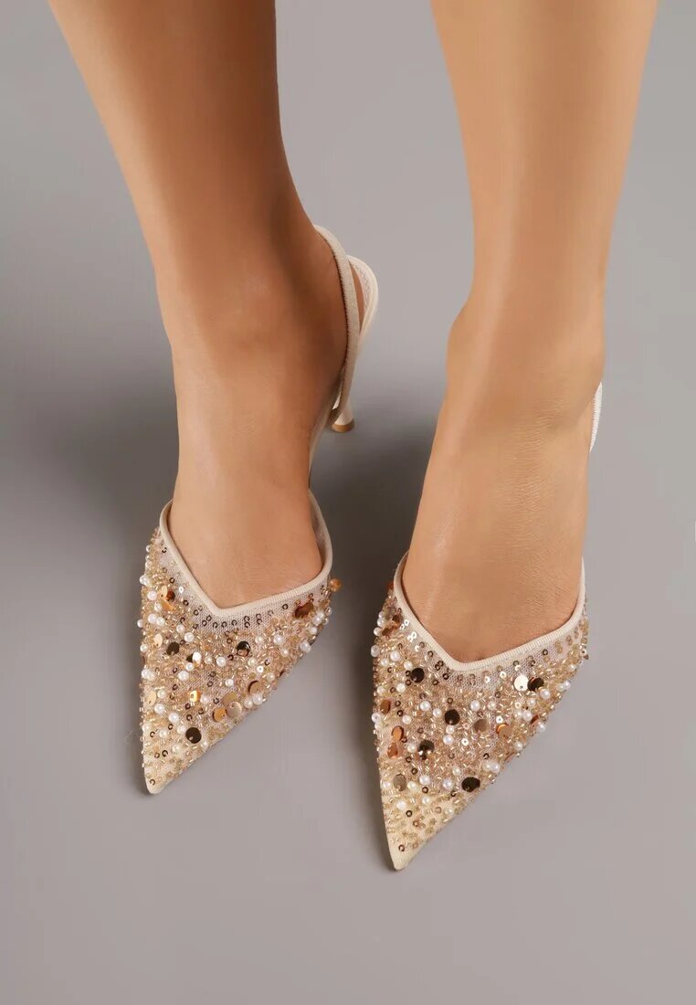 mulanka Pantofi cu toc bej Slingback Decorați cu perle și paiete Irifera
