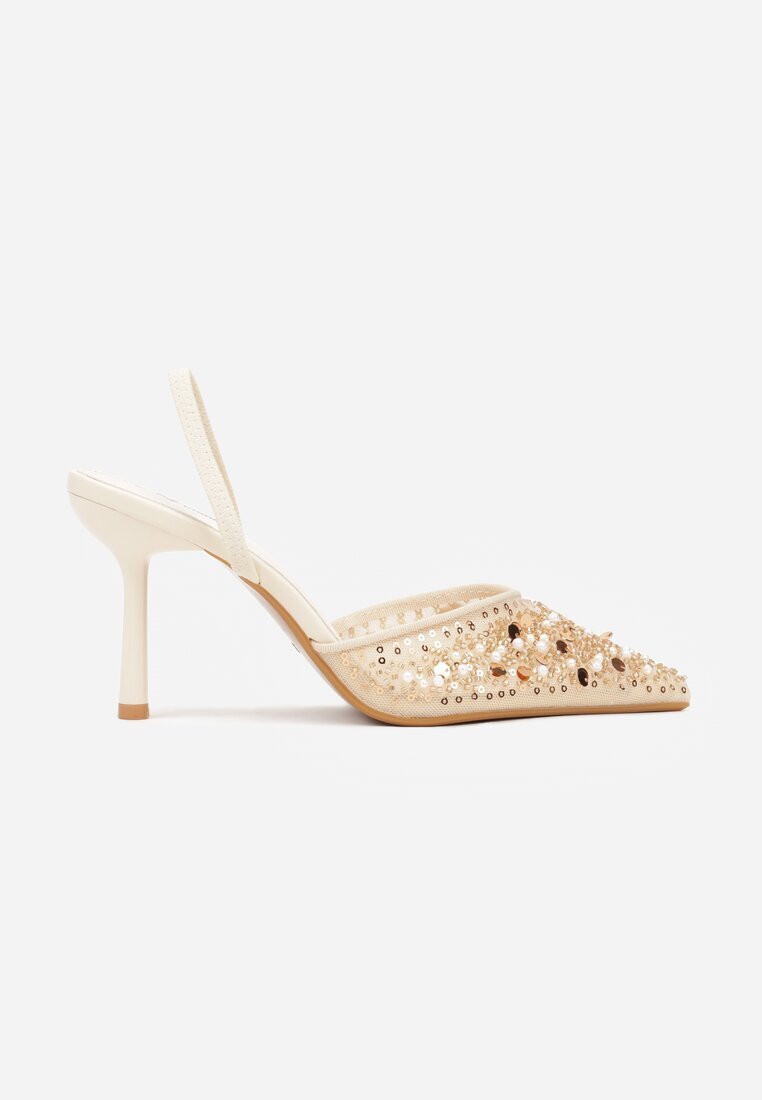 mulanka Pantofi cu toc bej Slingback Decorați cu perle și paiete Irifera