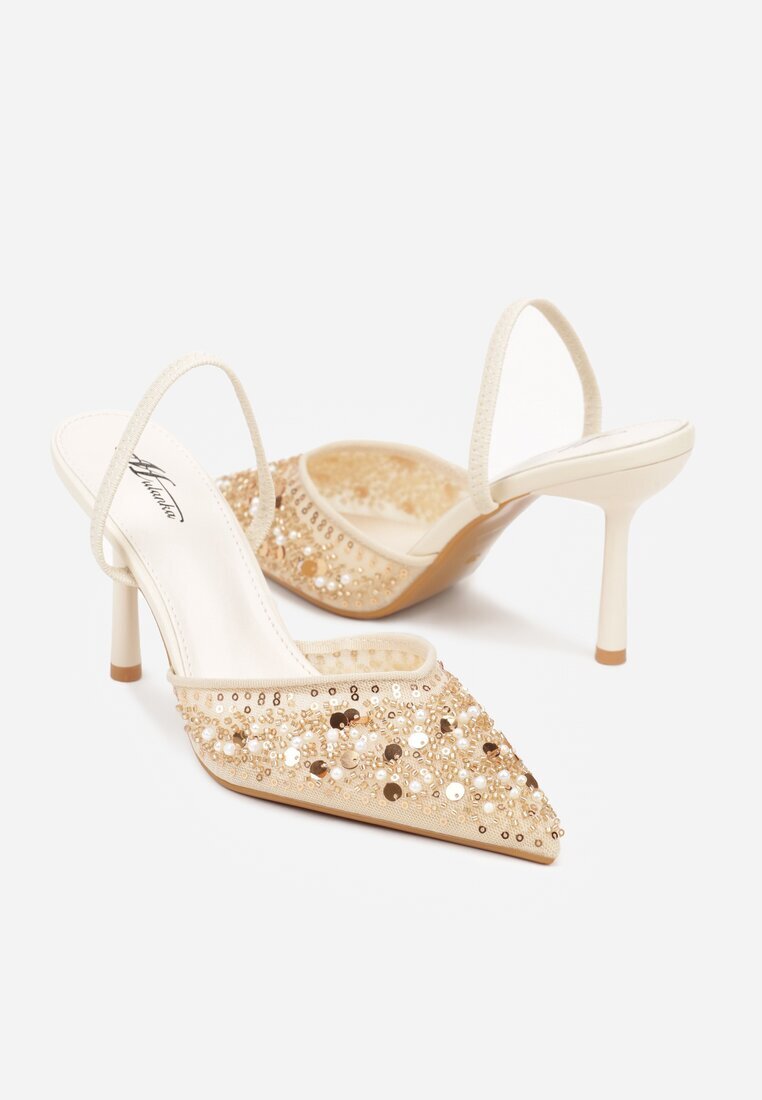 mulanka Pantofi cu toc bej Slingback Decorați cu perle și paiete Irifera