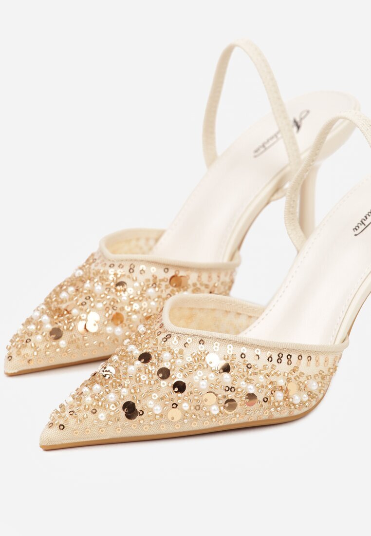 mulanka Pantofi cu toc bej Slingback Decorați cu perle și paiete Irifera