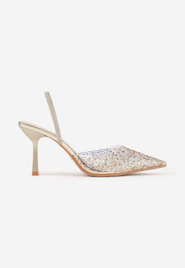 mulanka Pantofi stiletto Aurii cu Călcâi Descoperit și Vârf Transparent cu Zirconii Kalinata
