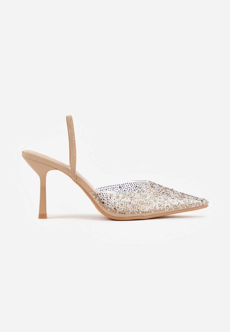 mulanka Pantofi stiletto Bej închis cu spatele deschis și vârf transparent cu zirconii Kalinata
