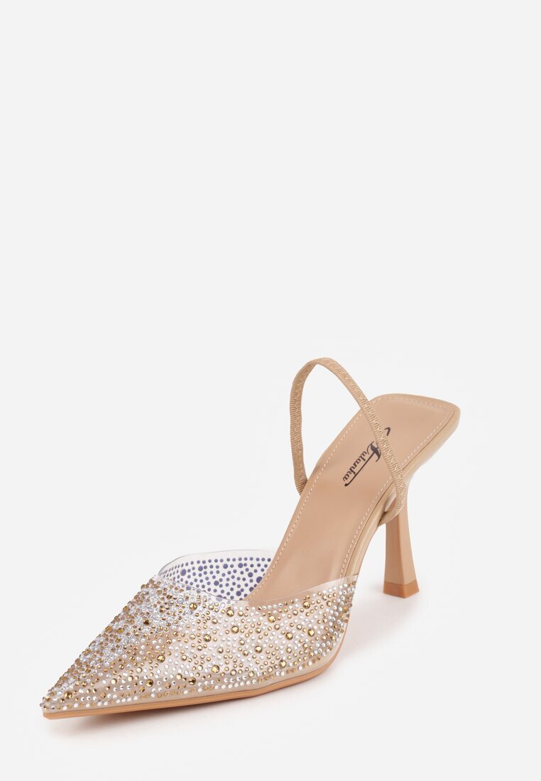 mulanka Pantofi stiletto Bej închis cu spatele deschis și vârf transparent cu zirconii Kalinata