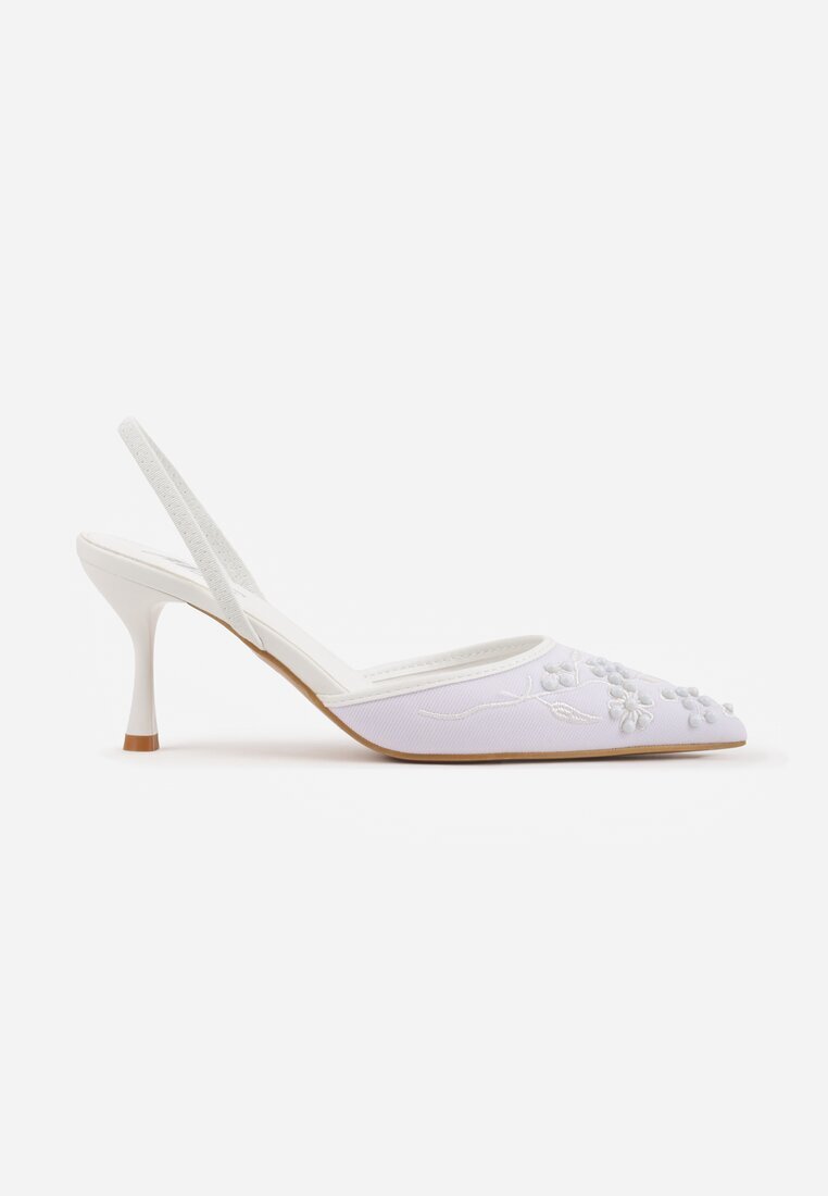 mulanka Sandale Albe cu toc stiletto decorate cu model brodat și mărgele Sametis