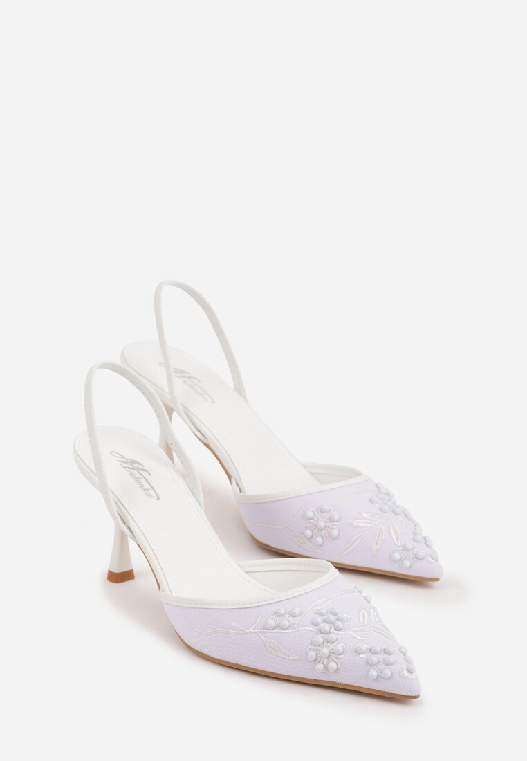mulanka Sandale Albe cu toc stiletto decorate cu model brodat și mărgele Sametis