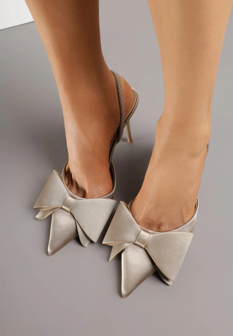 mulanka Sandale bej închis satinate pe toc stiletto Slingback decorate cu fundă Daemoris