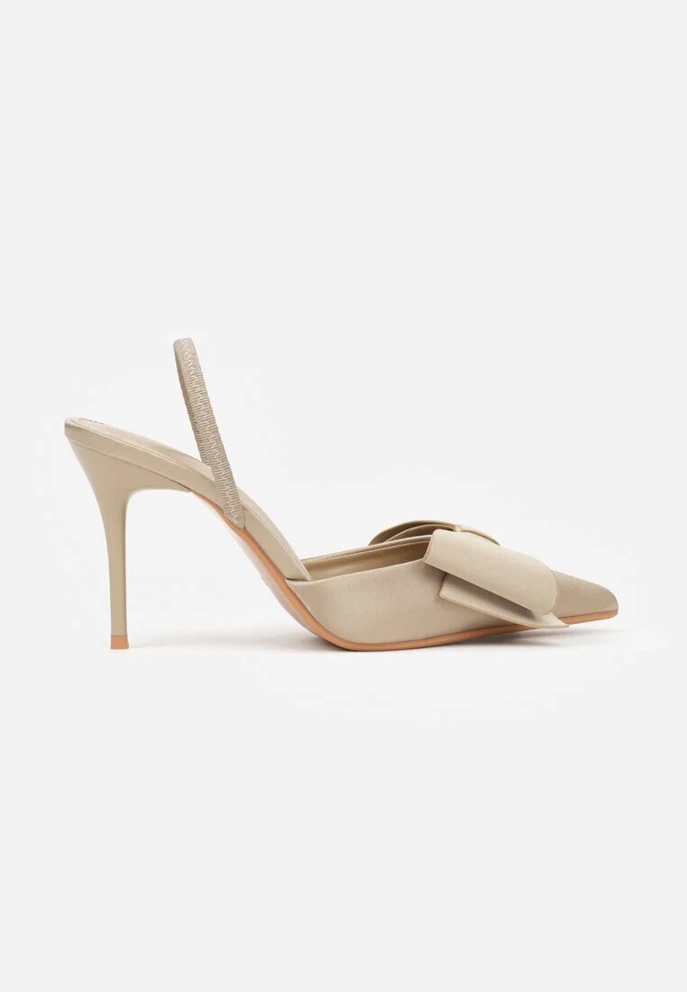 mulanka Sandale bej închis satinate pe toc stiletto Slingback decorate cu fundă Daemoris