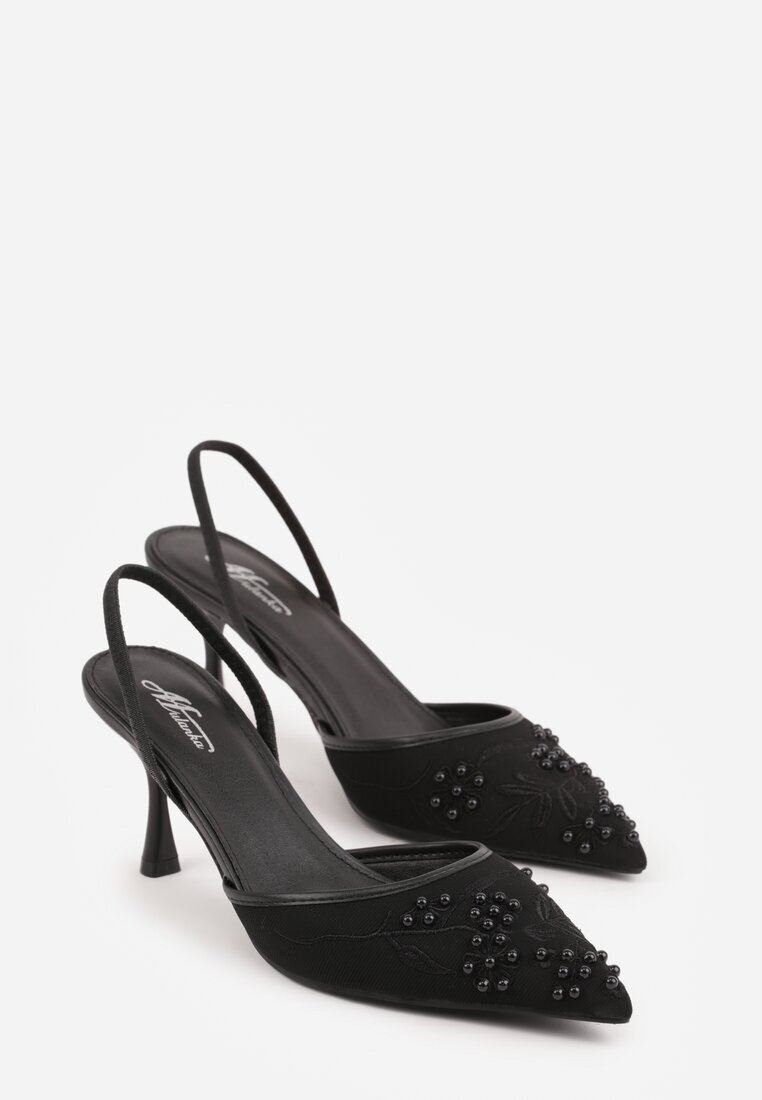 mulanka Sandale Negre cu toc stiletto decorate cu model brodat și mărgele Sametis
