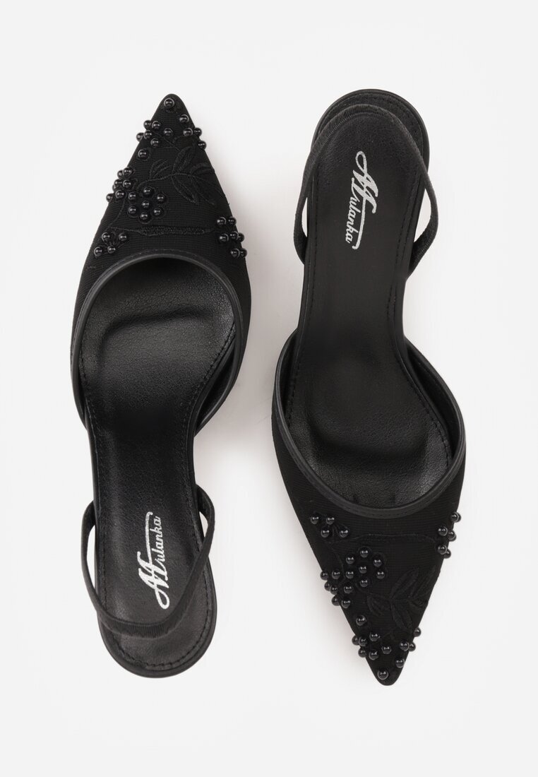 mulanka Sandale Negre cu toc stiletto decorate cu model brodat și mărgele Sametis