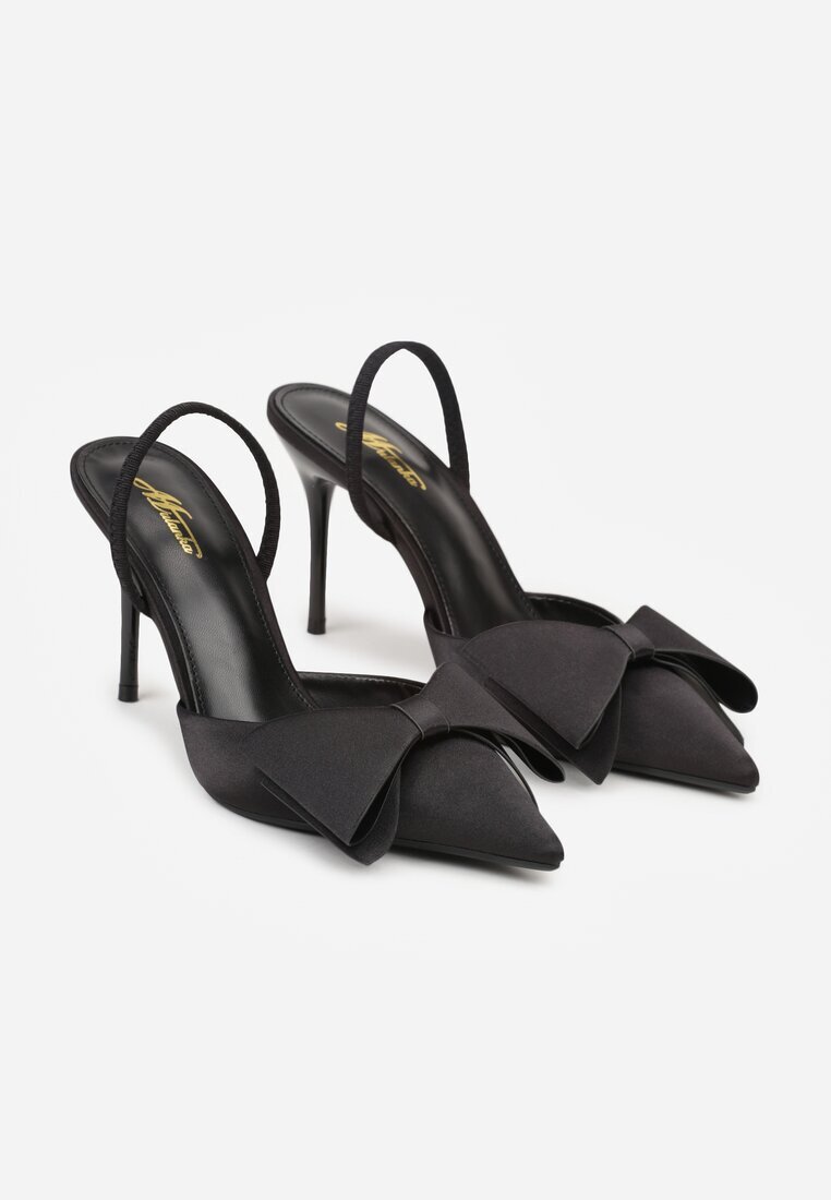 mulanka Sandale Negre Satimate cu Toc Cui Slingback decorate cu fundă Daemoris