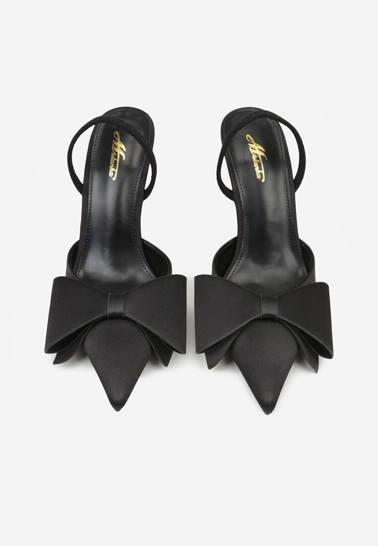 mulanka Sandale Negre Satimate cu Toc Cui Slingback decorate cu fundă Daemoris