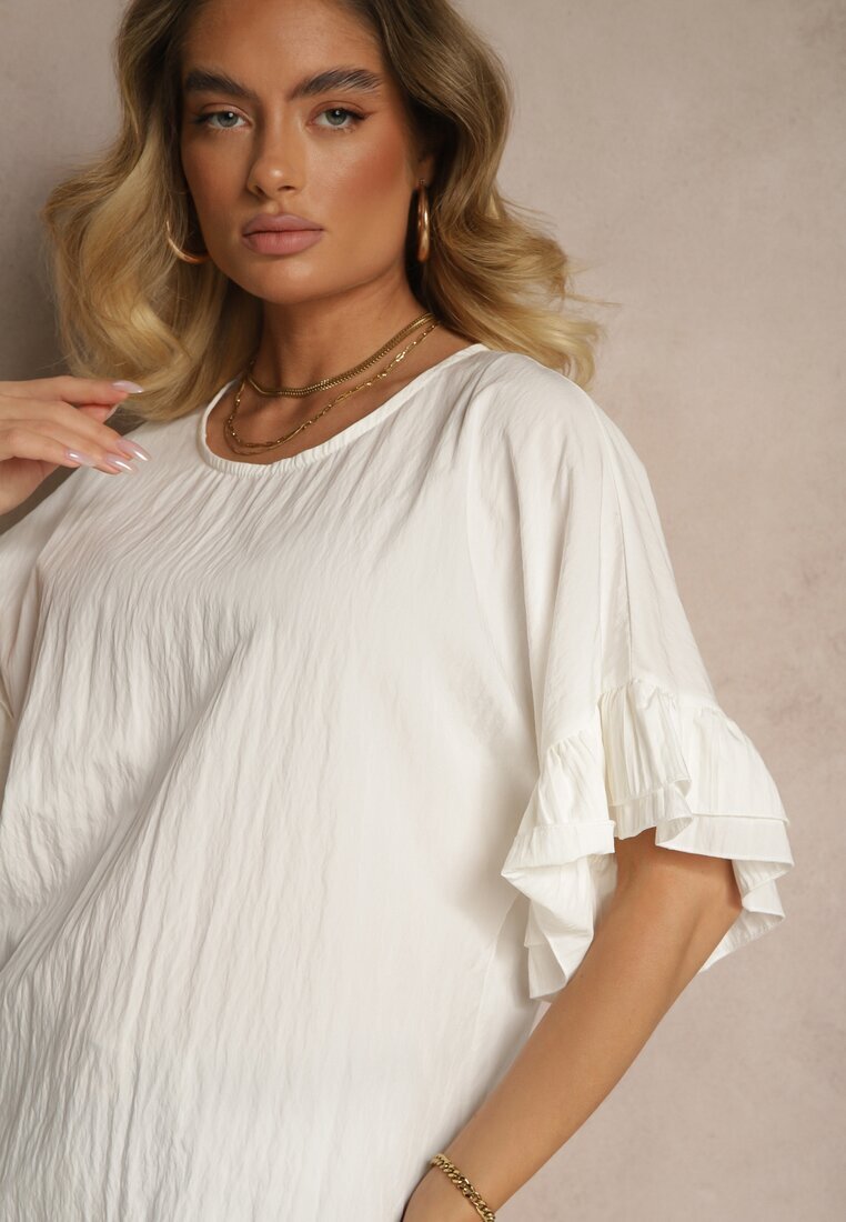 new collection Bluză Albă din Viscoză cu croială liliac decorată cu volane Ranova