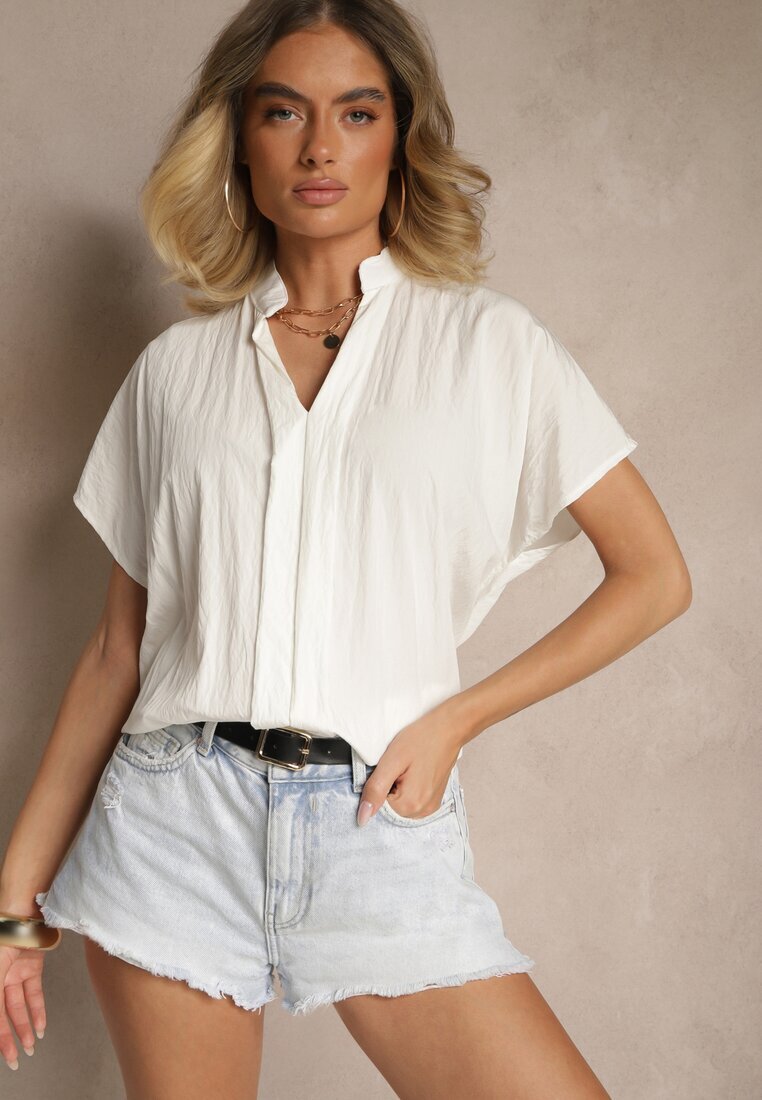 new collection Bluză Albă Oversize din Viscoză cu croială tip liliac cu Decolteu în V Davithiel