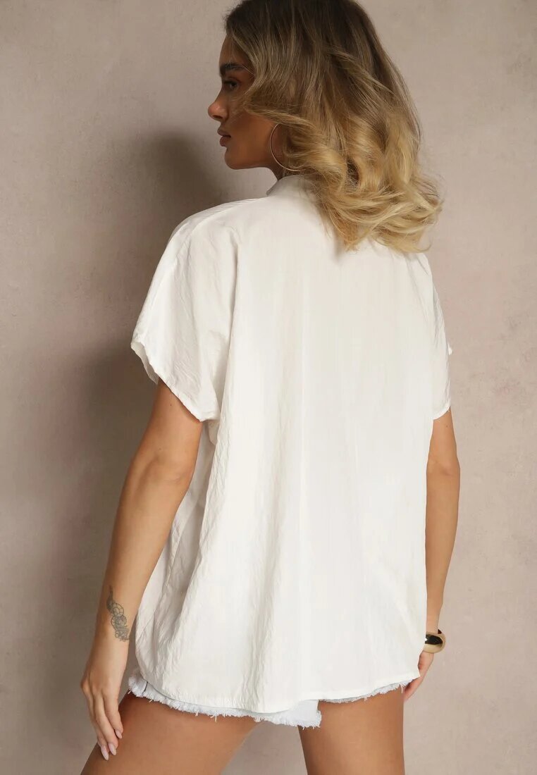 new collection Bluză Albă Oversize din Viscoză cu croială tip liliac cu Decolteu în V Davithiel