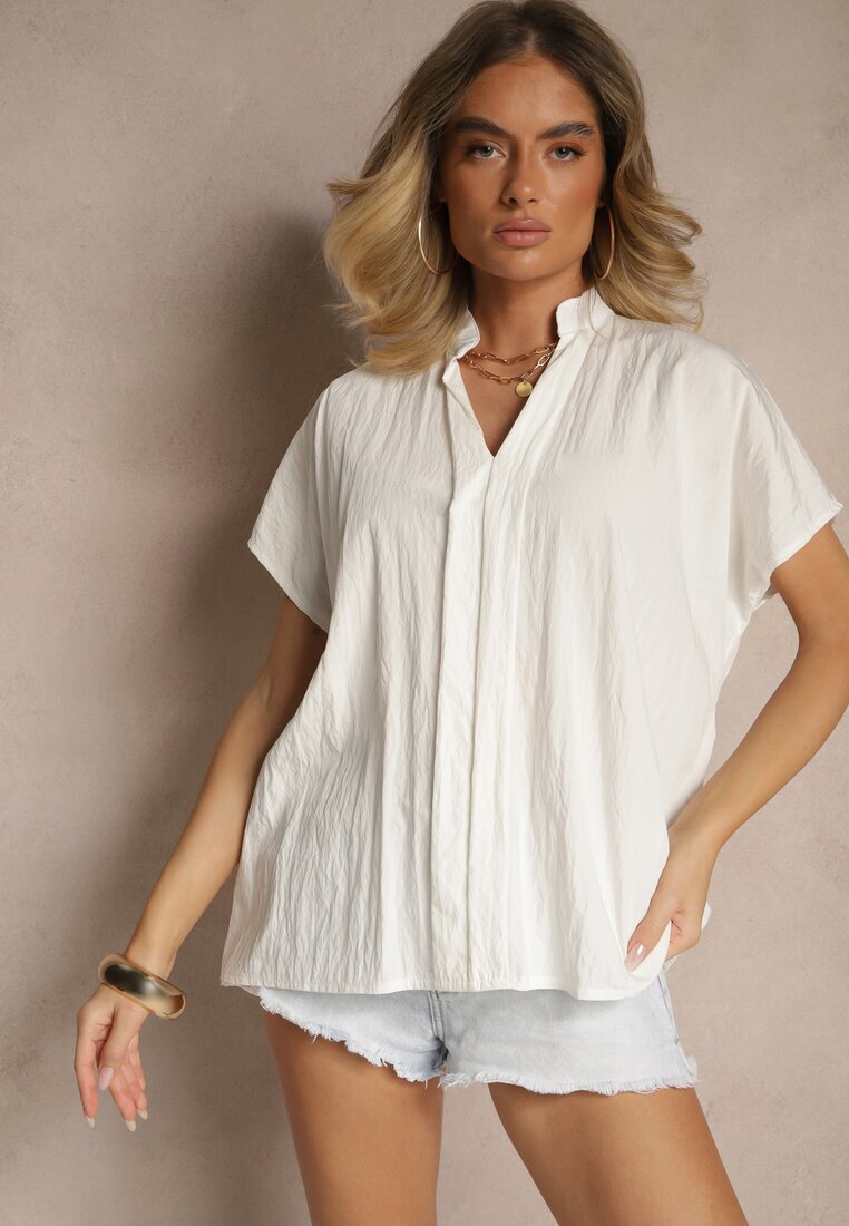 new collection Bluză Albă Oversize din Viscoză cu croială tip liliac cu Decolteu în V Davithiel