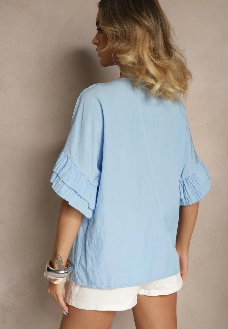 new collection Bluză Albastră deschisă din Viscoză cu croi liliac Decorată cu Volane Ranova