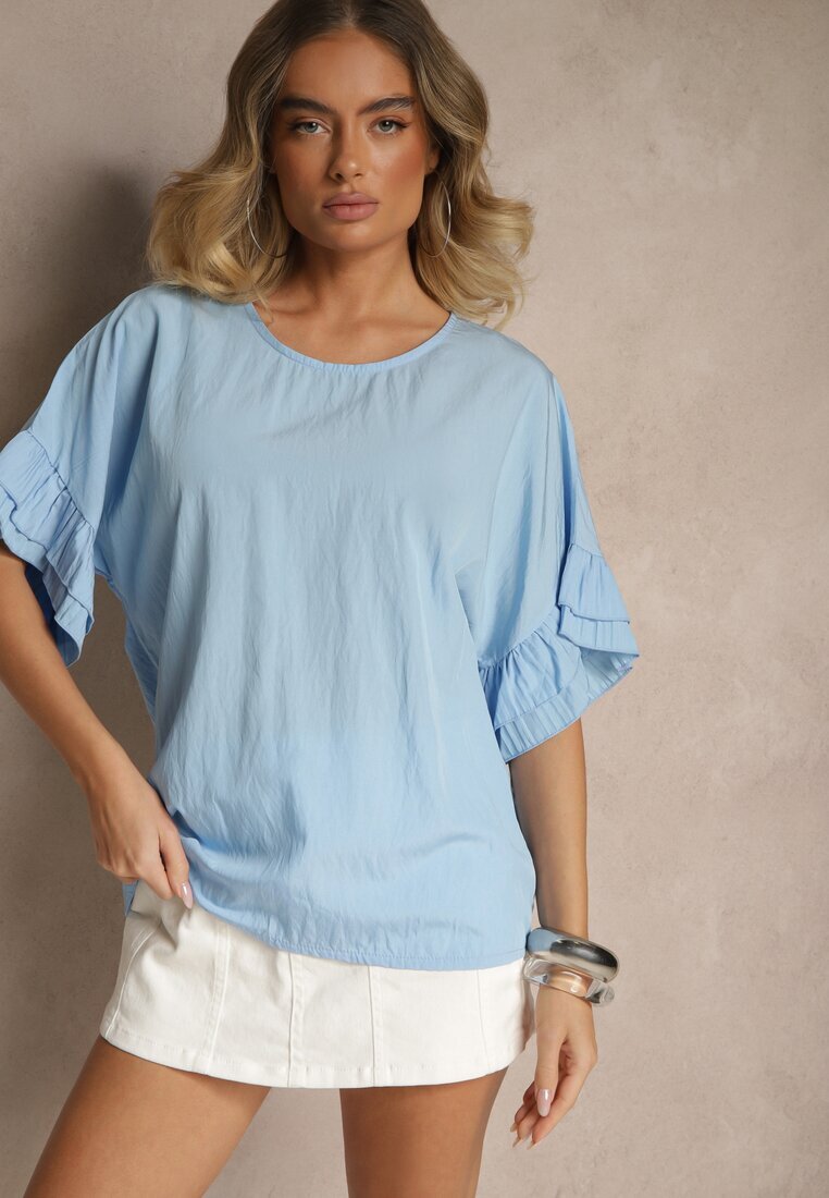 new collection Bluză Albastră deschisă din Viscoză cu croi liliac Decorată cu Volane Ranova