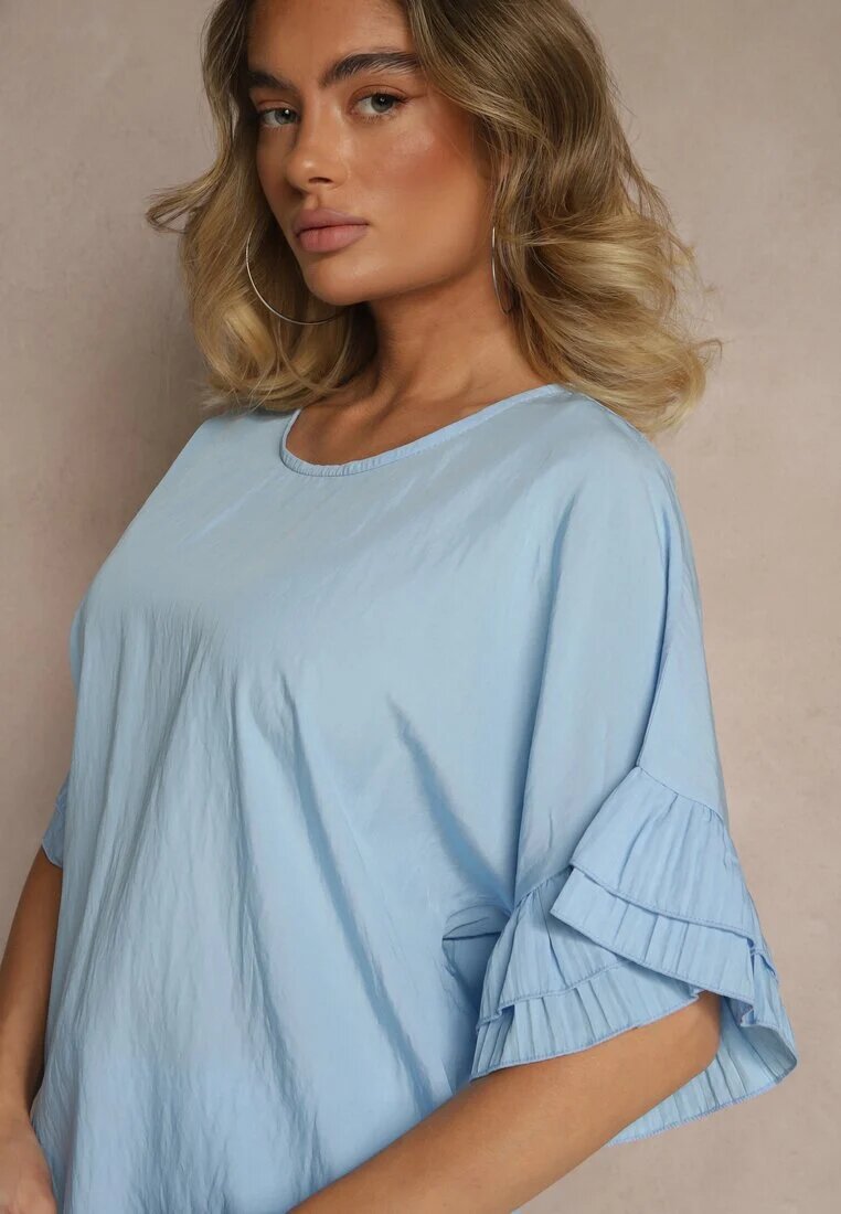 new collection Bluză Albastră deschisă din Viscoză cu croi liliac Decorată cu Volane Ranova