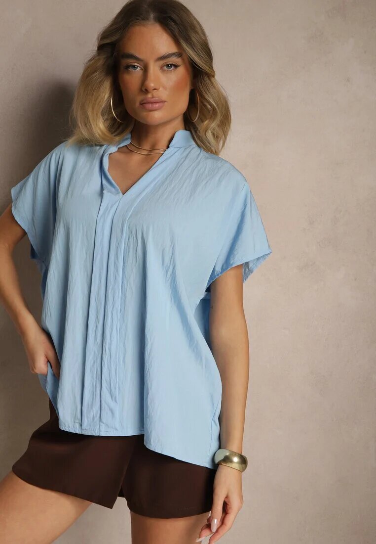 new collection Bluză Albastru deschis Supradimensionată din Viscoză cu Mâneci tip Liliac cu Decolteu în V Davithiel