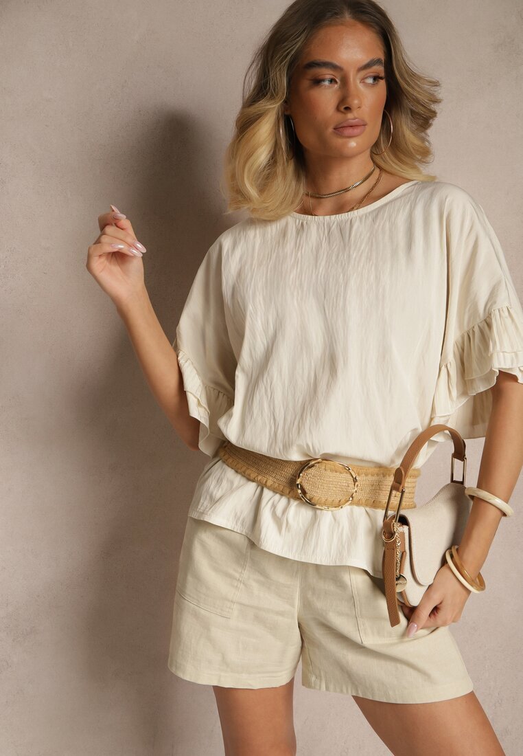 new collection Bluză Bej din Viscoză cu croială tip liliac decorată cu volane Ranova