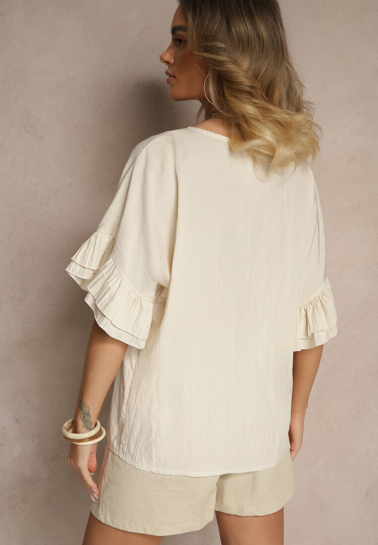 new collection Bluză Bej din Viscoză cu croială tip liliac decorată cu volane Ranova