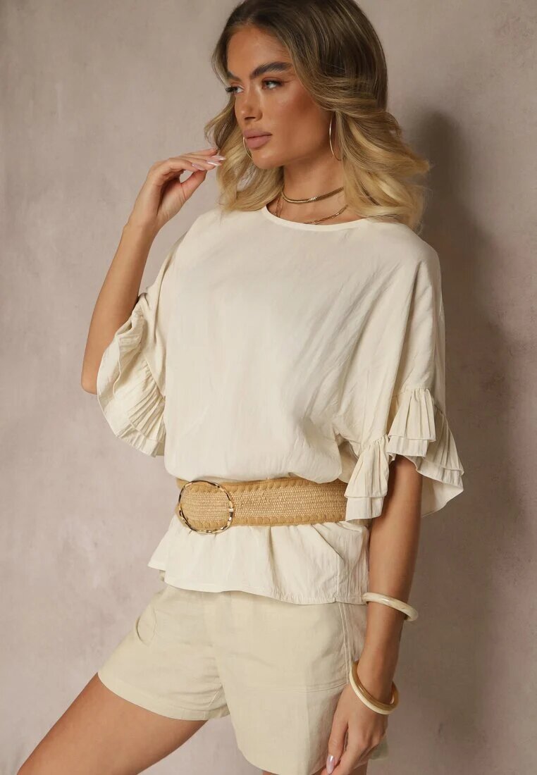 new collection Bluză Bej din Viscoză cu croială tip liliac decorată cu volane Ranova