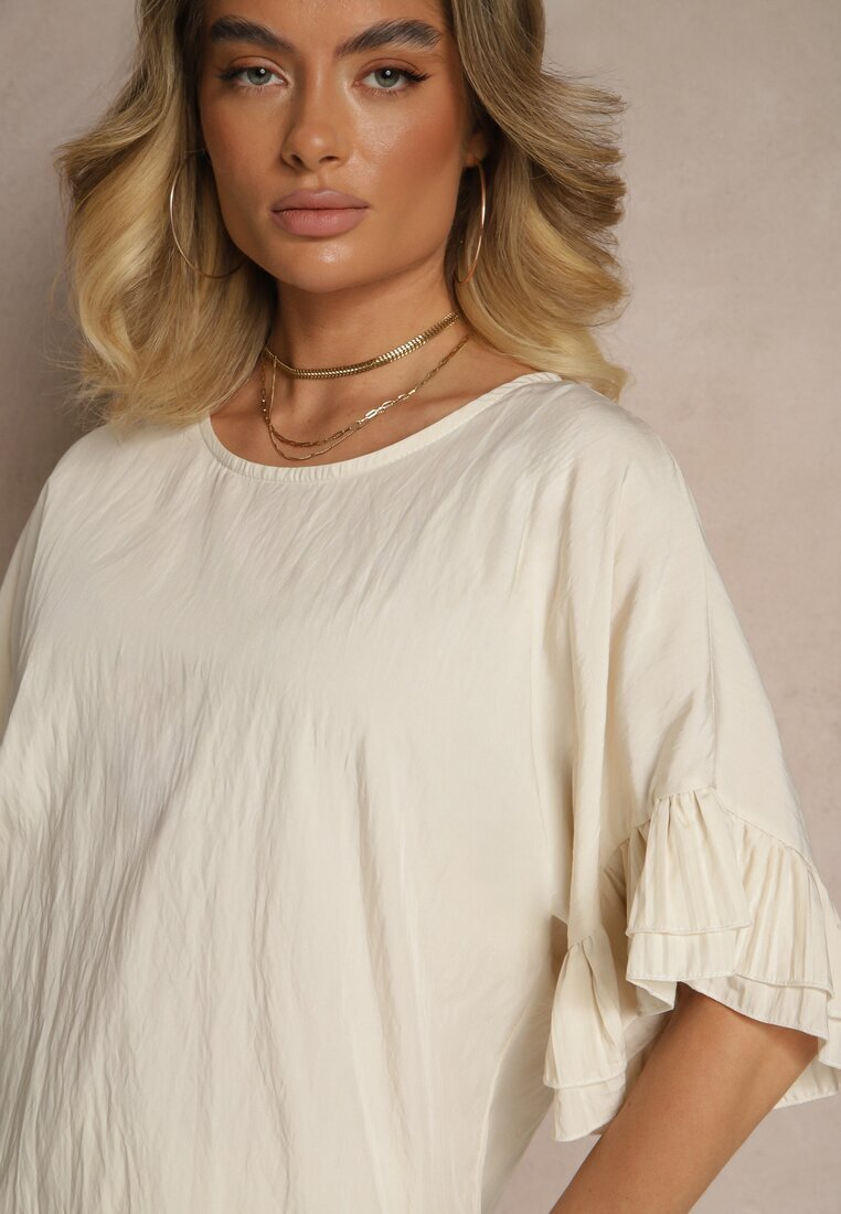 new collection Bluză Bej din Viscoză cu croială tip liliac decorată cu volane Ranova