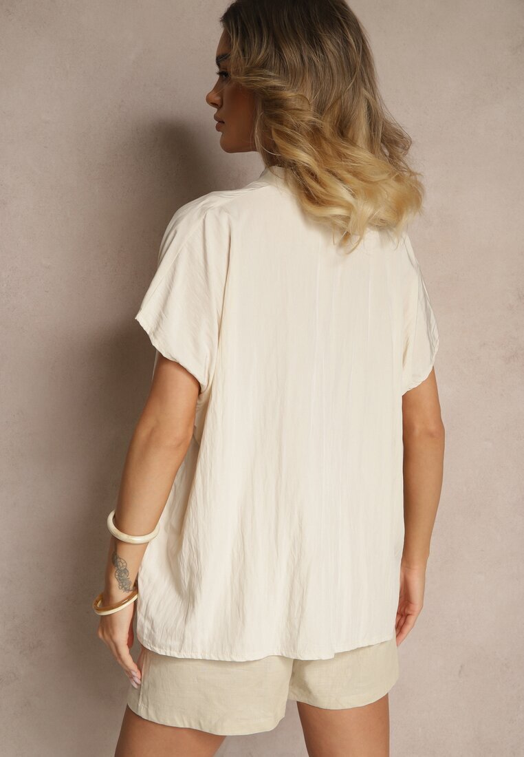 new collection Bluză Bej Oversize din Vâscoză cu croi tip liliac cu Decolteu în V Davithiel