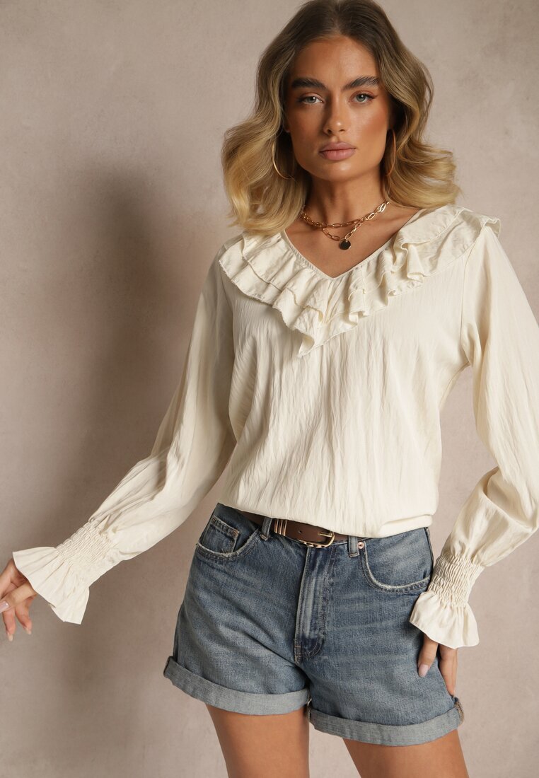 new collection Bluză Bej Rustic din Viscoză cu Decolteu în V și Volane Lislimi
