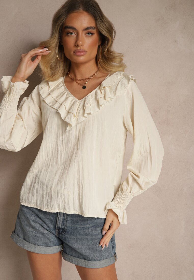 new collection Bluză Bej Rustic din Viscoză cu Decolteu în V și Volane Lislimi